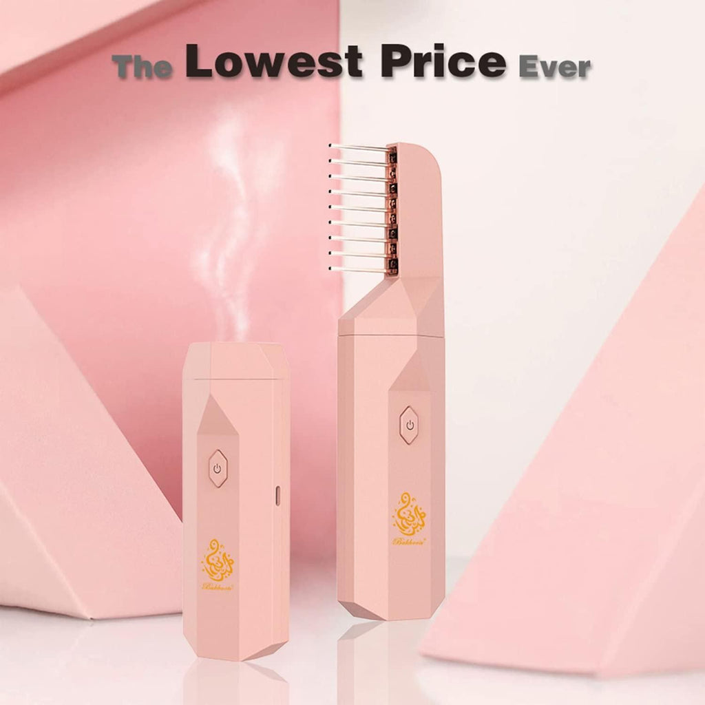 Pink hair comb and packaging with 'The Lowest Price Ever' text on a pink geometric background