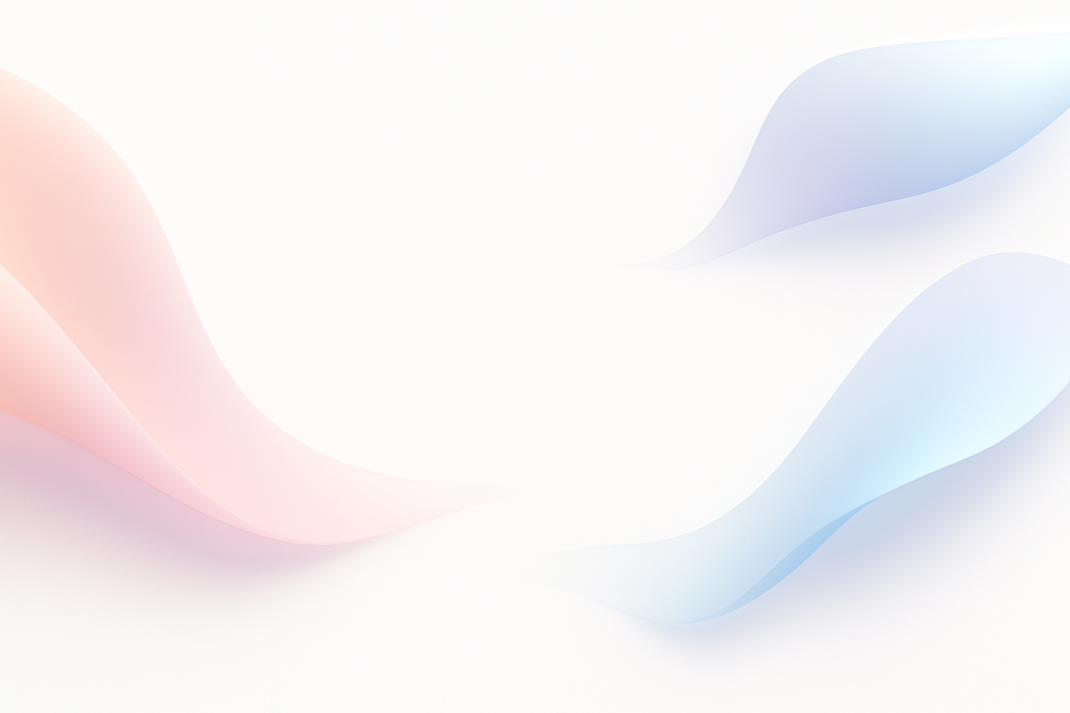 Minimal ultra-wide 28:9 homepage banner, abstract smooth flowing pastel shapes on a clean white background, premium Apple-style design, soft drop shadows, elegant futuristic aesthetic, professional composition with blank space in the center for website text.